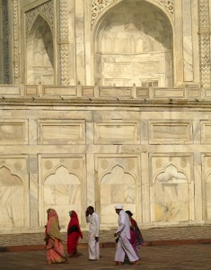 Taj Mahal facade with Indian visitors in Agra, Uttar Pradesh, India