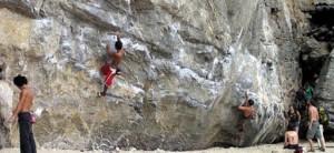 Rockclimbing on Railey Beach on Phranang Peninsula, near Krabi, Thailand