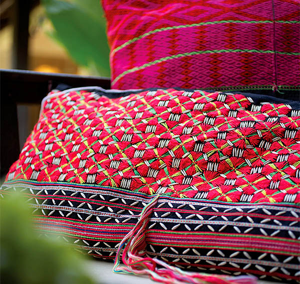 Colorful Thai hill tribe fabrics, Tamarind Chiang Mai - Chiang Mai, Thailand Colorful Thai hill tribe fabrics, Tamarind Chiang Mai in Chiang Mai, northern Thailand