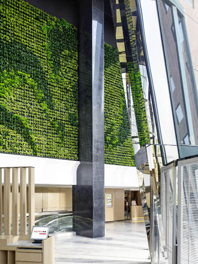 Pollution-fighting living green wall, Eaton Smart Hotel, Hong Kong, China Pollution-fighting living green wall at the Eaton Smart Hotel, Hong Kong, China