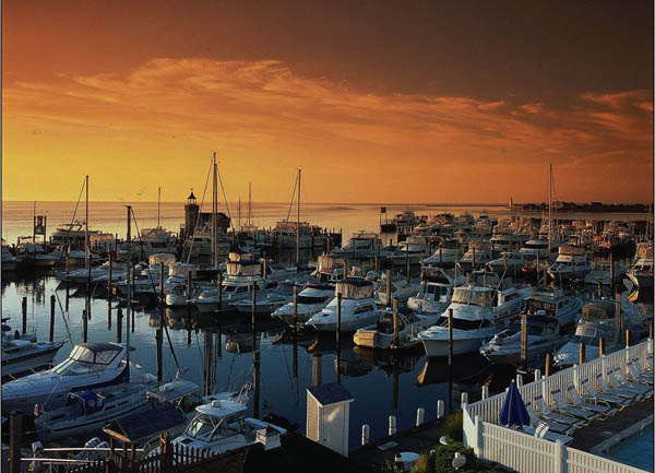 Five Bell and eco-friendly Saybrook Point Marina at sunset in Old Saybrook, Connecticut, USA