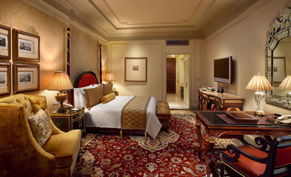 Guest room, Leela Palace Hotel in New Delhi, India