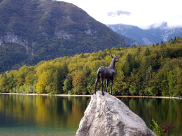 Zlatorog statue, Lake Bohinj in Triglav National Park, Slovenia 